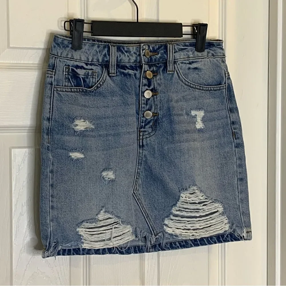 Kancan Light Wash Distressed High Rise Denim Skirt Size Small